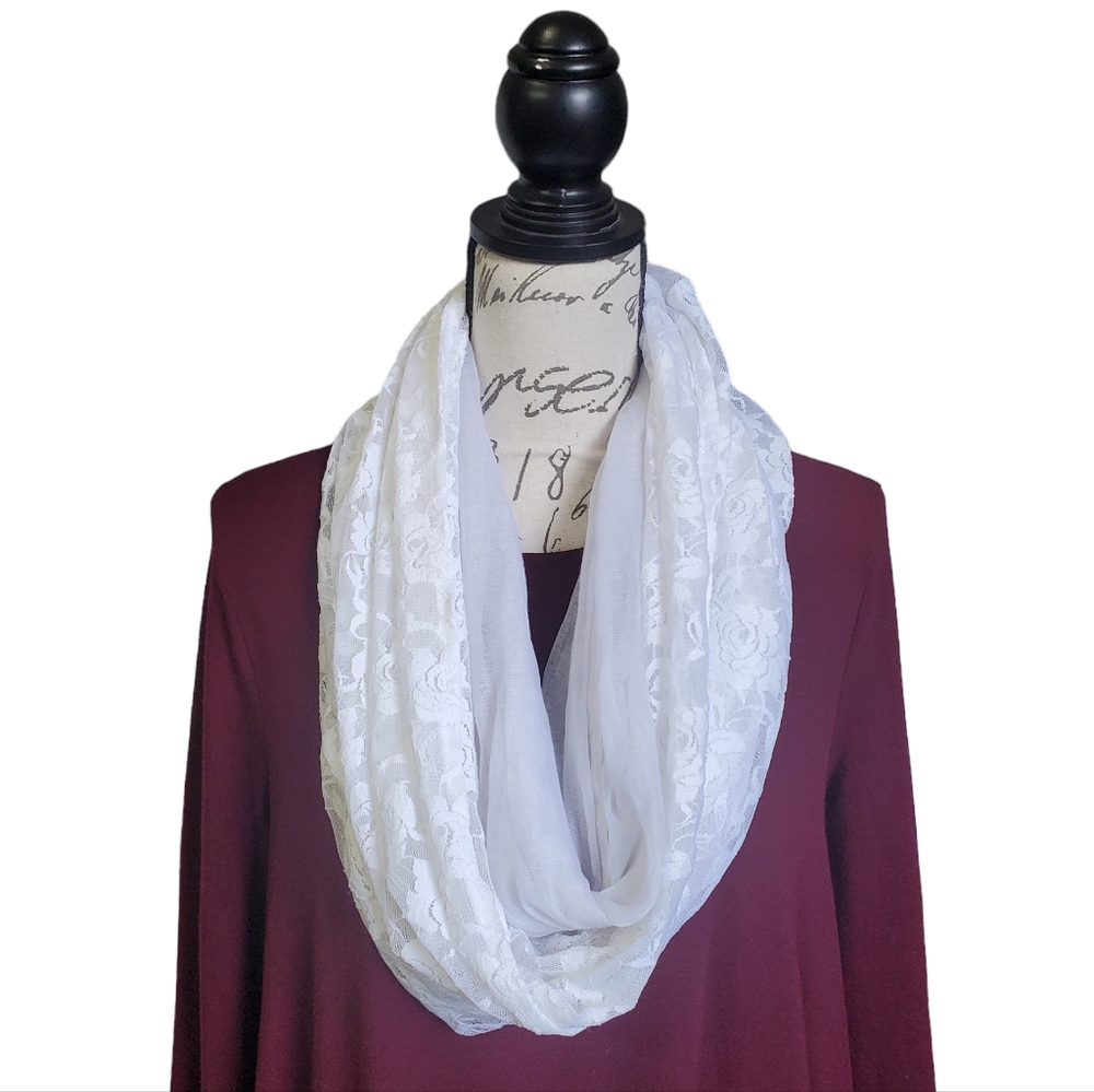 Women's Infinity Scarf White Floral Lace Lightweight All Season Scarf